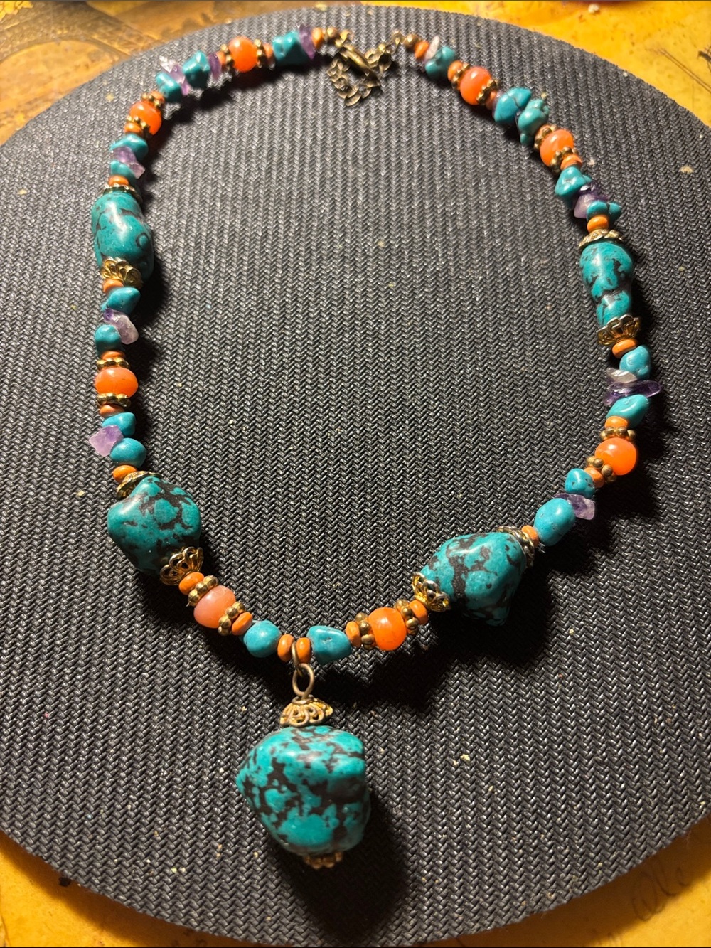 Vintage Handcrafted Turquoise, Amethyst & Orange bead Necklace - Women's Jewelry